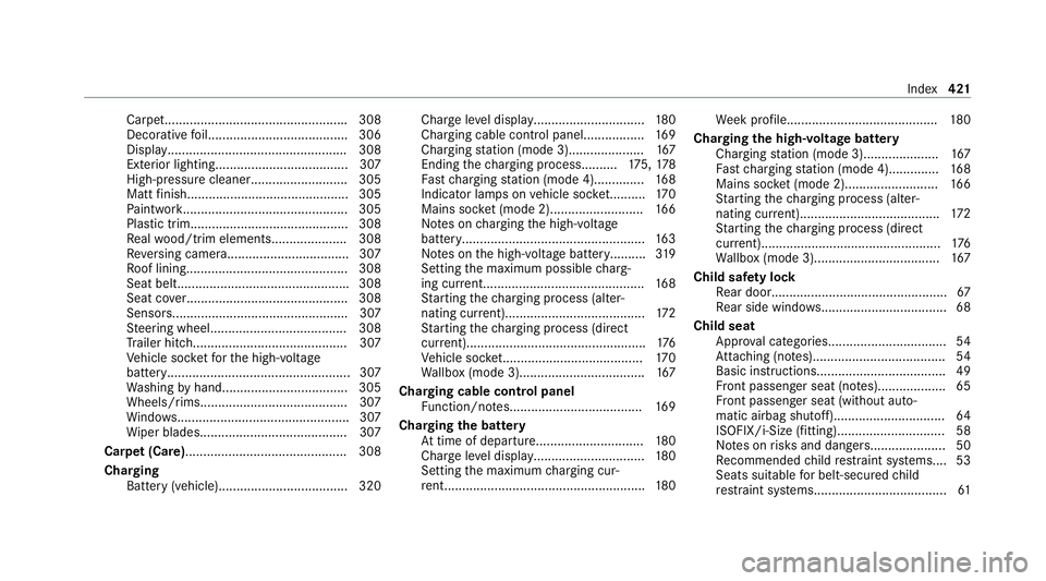 MERCEDES-BENZ EQC SUV 2021 Owners Manual Carpe
t.................................................. .308
Decorative foil...................................... .306
Displ ay.................................................. 308
Exterior lighti MERCEDES-BENZ EQC SUV 2021 Owners Manual Carpe
t.................................................. .308
Decorative foil...................................... .306
Displ ay.................................................. 308
Exterior lighti