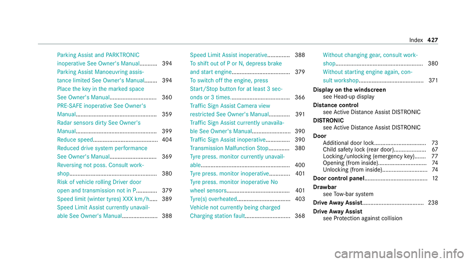 MERCEDES-BENZ EQC SUV 2021 Owners Manual Pa
rking Assist and PARKTRONIC
inoperative See Owner's Manual ...........394
Pa rking Assist Manoeuvring assis‐
ta nce limited See Owner's Manual........ 394
Place theke y in the mar ked spa MERCEDES-BENZ EQC SUV 2021 Owners Manual Pa
rking Assist and PARKTRONIC
inoperative See Owner's Manual ...........394
Pa rking Assist Manoeuvring assis‐
ta nce limited See Owner's Manual........ 394
Place theke y in the mar ked spa