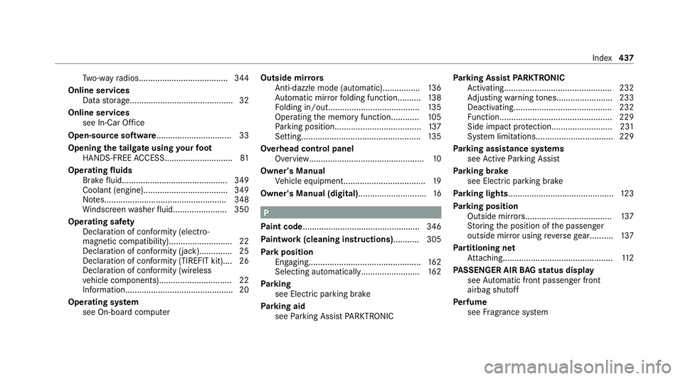 MERCEDES-BENZ EQC SUV 2021 Owners Manual Tw
o-w ayradios...................................... 344
Online services Data storage............................................ 32
Online services see In-Car Of fice
Open-source so ftwa re......... MERCEDES-BENZ EQC SUV 2021 Owners Manual Tw
o-w ayradios...................................... 344
Online services Data storage............................................ 32
Online services see In-Car Of fice
Open-source so ftwa re.........
