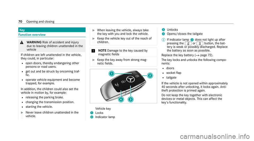 MERCEDES-BENZ EQC SUV 2021 Manual PDF Key
Fu
nction overview &
WARNING Risk of accident and inju ry
due toleaving children unat tended in the
ve hicle
If ch ildren are left unat tended in theve hicle,
th ey could, in pa rticular:
R open d MERCEDES-BENZ EQC SUV 2021 Manual PDF Key
Fu
nction overview &
WARNING Risk of accident and inju ry
due toleaving children unat tended in the
ve hicle
If ch ildren are left unat tended in theve hicle,
th ey could, in pa rticular:
R open d