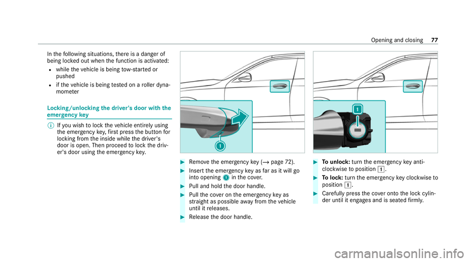 MERCEDES-BENZ EQC SUV 2021 Manual PDF In
thefo llowing situations, there is a danger of
being loc ked out when the function is activated:
R while theve hicle is being tow- star ted or
pushed
R ifth eve hicle is being tested on a roller dy MERCEDES-BENZ EQC SUV 2021 Manual PDF In
thefo llowing situations, there is a danger of
being loc ked out when the function is activated:
R while theve hicle is being tow- star ted or
pushed
R ifth eve hicle is being tested on a roller dy
