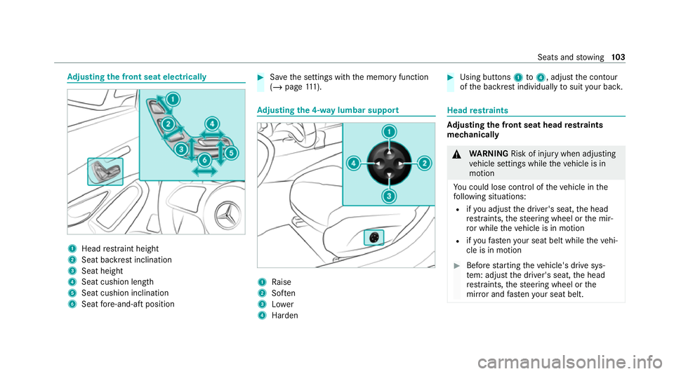 MERCEDES-BENZ EQC SUV 2019  Owners Manual Ad
justing the front seat electrically 1
Head restra int height
2 Seat backrest inclination
3 Seat height
4 Seat cushion length
5 Seat cushion inclination
6 Seat fore -and-aft position #
Save the sett