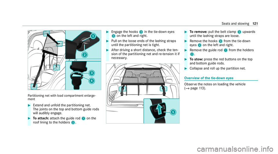 MERCEDES-BENZ EQC SUV 2019  Owners Manual Pa
rtitioning net with load compartment enlar ge‐
ment #
Extend and unfold the partitioning net.
The joints on theto p and bottom guide rods
will audibly engage. #
Toattach: attachthe guide rod1 ont