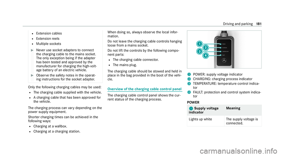 MERCEDES-BENZ EQC SUV 2019 Owners Manual R
Extension cables
R Extension reels
R Multiple soc kets #
Never use soc ket adap ters to connect
th ech arging cable tothe mains soc ket.
The only exception being if the adap ter
has been tested and MERCEDES-BENZ EQC SUV 2019 Owners Manual R
Extension cables
R Extension reels
R Multiple soc kets #
Never use soc ket adap ters to connect
th ech arging cable tothe mains soc ket.
The only exception being if the adap ter
has been tested and