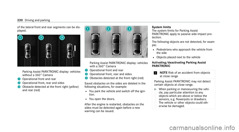 MERCEDES-BENZ EQC SUV 2019 Owners Manual of
the lateral front and rear segments can be dis‐
pla yed. Pa
rking Assist PARKTRONIC display: vehicles
without a 360° Camera
1 Operational front and rear
2 Operational front, rear and sides
3 Obs MERCEDES-BENZ EQC SUV 2019 Owners Manual of
the lateral front and rear segments can be dis‐
pla yed. Pa
rking Assist PARKTRONIC display: vehicles
without a 360° Camera
1 Operational front and rear
2 Operational front, rear and sides
3 Obs
