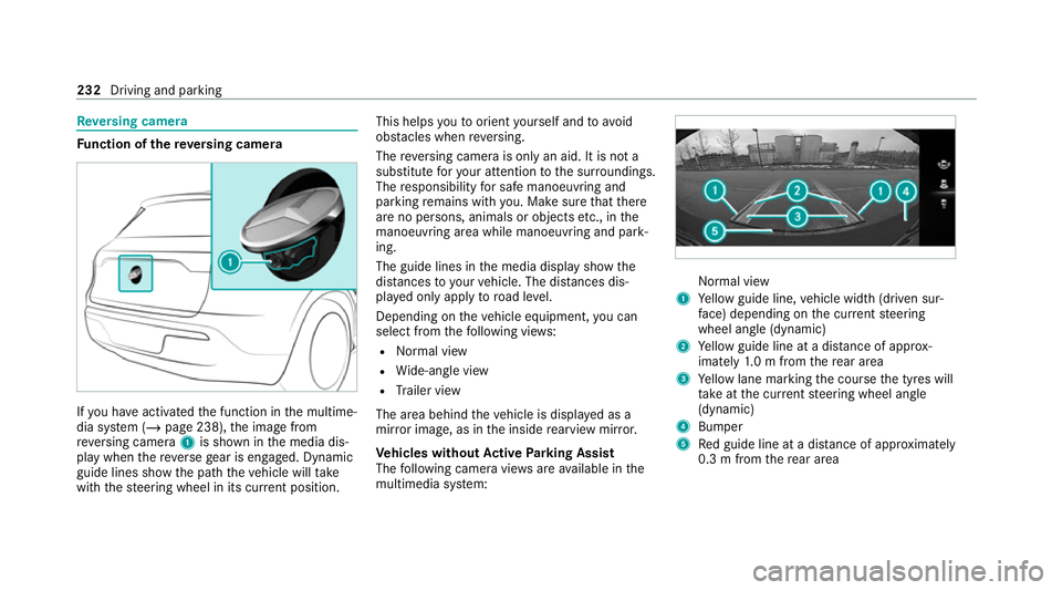 MERCEDES-BENZ EQC SUV 2019 Owners Manual Re
versing camera Fu
nction of there ve rsing camera If
yo u ha veactivated the function in the multime‐
dia sy stem (/ page 238), the image from
re ve rsing camera 1is shown in the media dis‐
pla MERCEDES-BENZ EQC SUV 2019 Owners Manual Re
versing camera Fu
nction of there ve rsing camera If
yo u ha veactivated the function in the multime‐
dia sy stem (/ page 238), the image from
re ve rsing camera 1is shown in the media dis‐
pla