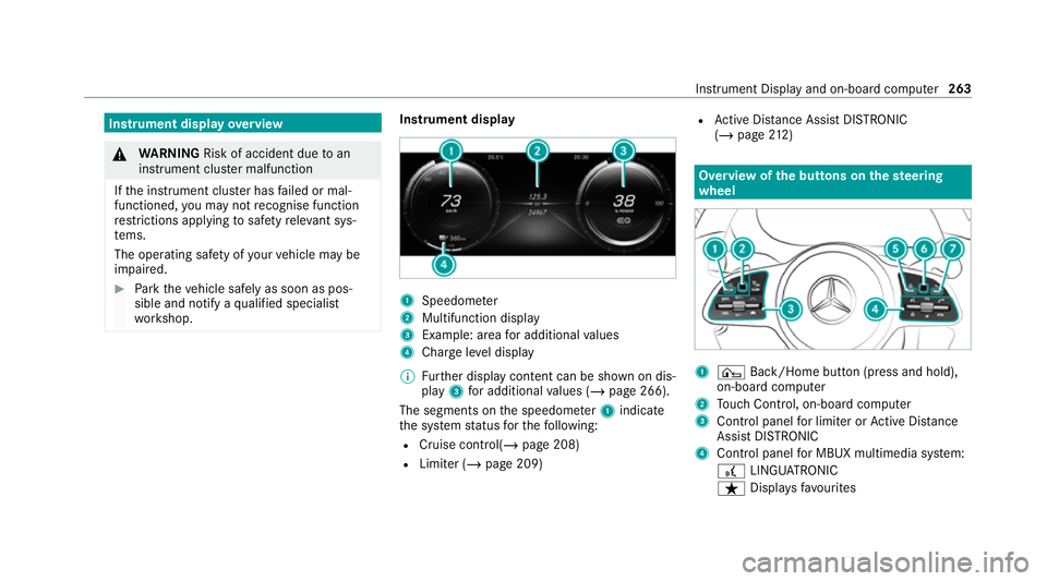 MERCEDES-BENZ EQC SUV 2019  Owners Manual Instrument display
overview &
WARNING Risk of accident due toan
instrument clus ter malfunction
If th e instrument clus ter has failed or mal‐
functioned, you may not recognise function
re striction