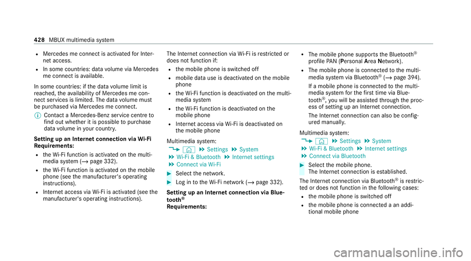 MERCEDES-BENZ EQC SUV 2019 Owners Manual R
Mercedes me connect is activated for Inter‐
net access.
R In some countries: data volume via Mercedes
me connect is available.
In some countries: if the data volume limit is
re ached, theav ailabi MERCEDES-BENZ EQC SUV 2019 Owners Manual R
Mercedes me connect is activated for Inter‐
net access.
R In some countries: data volume via Mercedes
me connect is available.
In some countries: if the data volume limit is
re ached, theav ailabi