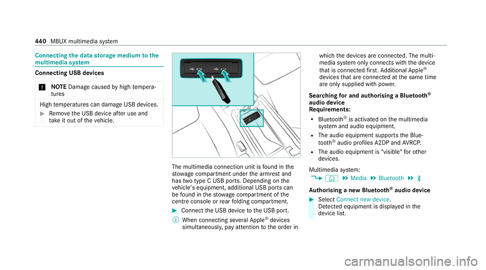 MERCEDES-BENZ EQC SUV 2019 Owners Manual Connecting
the data storage medium tothe
mu ltimedia sy stem Connecting USB devices
* NO
TEDama gecaused byhigh temp era‐
tures High
temp eratures can damage USB devices. #
Remo vethe USB device af MERCEDES-BENZ EQC SUV 2019 Owners Manual Connecting
the data storage medium tothe
mu ltimedia sy stem Connecting USB devices
* NO
TEDama gecaused byhigh temp era‐
tures High
temp eratures can damage USB devices. #
Remo vethe USB device af