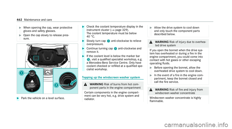 MERCEDES-BENZ EQC SUV 2019 Owners Manual #
When opening the cap, wear pr otective
gl ove s and saf etygl asses. #
Open the cap slowly torelease pres‐
sure. #
Park theve hicle on a le vel sur face. #
Check the coolant temp erature display i MERCEDES-BENZ EQC SUV 2019 Owners Manual #
When opening the cap, wear pr otective
gl ove s and saf etygl asses. #
Open the cap slowly torelease pres‐
sure. #
Park theve hicle on a le vel sur face. #
Check the coolant temp erature display i