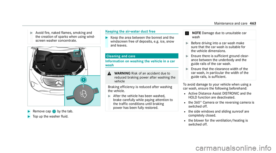 MERCEDES-BENZ EQC SUV 2019 Owners Manual #
Avoid fire , naked flames, smoking and
th e creation of spar kswhen using wind‐
screen washer concentrate. #
Remo vecap 1bytheta b. #
Top up thewa sher fluid. Ke
eping the air-water duct free #
Ke MERCEDES-BENZ EQC SUV 2019 Owners Manual #
Avoid fire , naked flames, smoking and
th e creation of spar kswhen using wind‐
screen washer concentrate. #
Remo vecap 1bytheta b. #
Top up thewa sher fluid. Ke
eping the air-water duct free #
Ke
