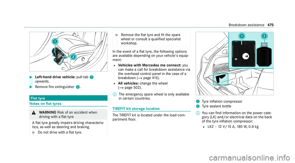 MERCEDES-BENZ EQC SUV 2019 Owners Manual #
Left-hand drive vehicle: pulltab1
upwards. #
Remo vefire extinguisher 2. Flat tyre
Note
s onflat tyres &
WARNING Risk of an accident when
driving wi thaflat tyre
A flat tyre great lyimpairs driving MERCEDES-BENZ EQC SUV 2019 Owners Manual #
Left-hand drive vehicle: pulltab1
upwards. #
Remo vefire extinguisher 2. Flat tyre
Note
s onflat tyres &
WARNING Risk of an accident when
driving wi thaflat tyre
A flat tyre great lyimpairs driving