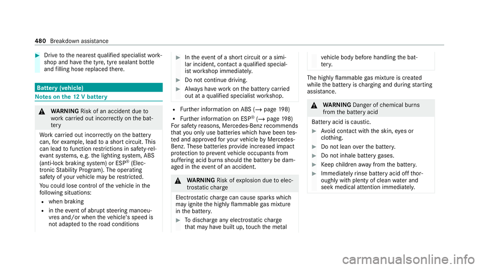 MERCEDES-BENZ EQC SUV 2019 Owners Manual #
Drive tothe nearest qualified specialist work‐
shop and ha vethe tyre, tyre sealant bottle
and filling hose replaced there. Batte
ry(vehicle) Note
s onthe12 V battery &
WARNING Risk of an accident MERCEDES-BENZ EQC SUV 2019 Owners Manual #
Drive tothe nearest qualified specialist work‐
shop and ha vethe tyre, tyre sealant bottle
and filling hose replaced there. Batte
ry(vehicle) Note
s onthe12 V battery &
WARNING Risk of an accident