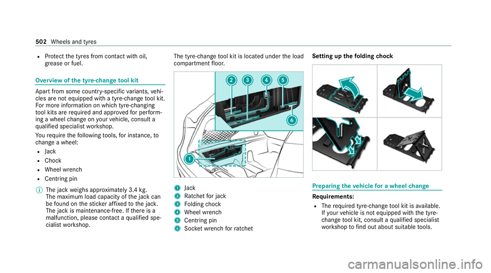 MERCEDES-BENZ EQC SUV 2019 Owners Manual R
Protect the tyres from conta ct withoil,
grease or fuel. Overview of
the ty re-change tool kit Apart from some countr
y-specific variants, vehi‐
cles are not equipped with a tyre-change tool kit.
MERCEDES-BENZ EQC SUV 2019 Owners Manual R
Protect the tyres from conta ct withoil,
grease or fuel. Overview of
the ty re-change tool kit Apart from some countr
y-specific variants, vehi‐
cles are not equipped with a tyre-change tool kit.