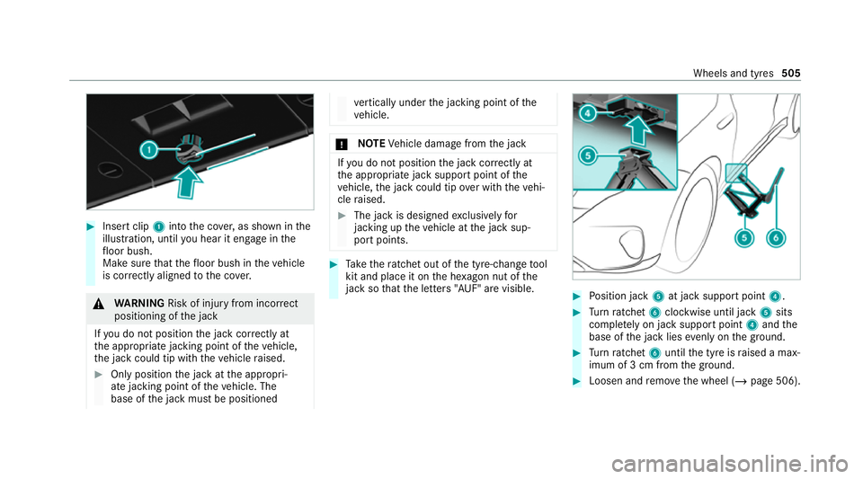 MERCEDES-BENZ EQC SUV 2019 Owners Manual #
Insert clip 1into the co ver,as shown in the
illustration, until you hear it en gage inthe
fl oor bush.
Make sure that thefloor bush in theve hicle
is cor rectly aligned tothe co ver. &
WARNING Risk MERCEDES-BENZ EQC SUV 2019 Owners Manual #
Insert clip 1into the co ver,as shown in the
illustration, until you hear it en gage inthe
fl oor bush.
Make sure that thefloor bush in theve hicle
is cor rectly aligned tothe co ver. &
WARNING Risk