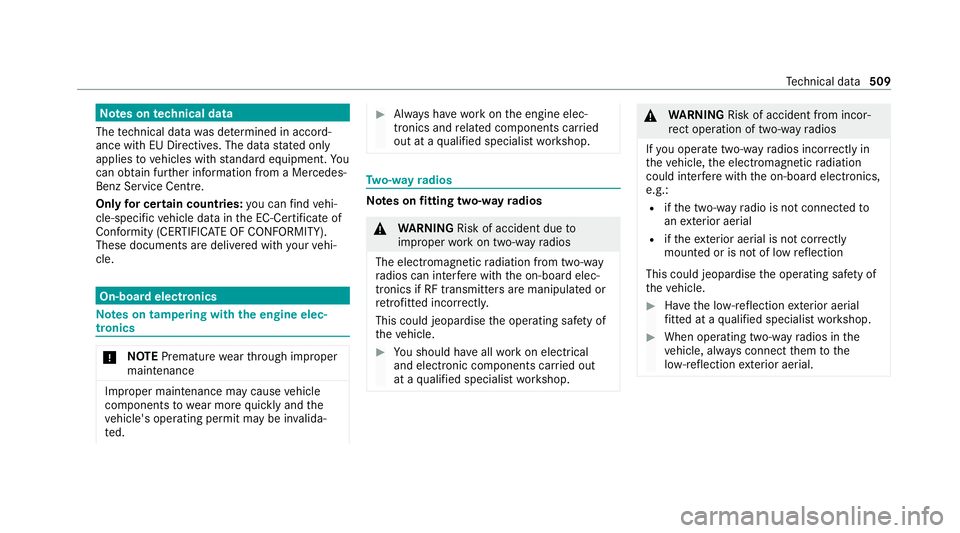 MERCEDES-BENZ EQC SUV 2019 Owners Manual Note
s ontech nical data
The tech nical da tawa s de term ined in accord‐
ance with EU Directives. The data stated on ly
applies tovehicles with standard equipment. Yo u
can obtain fur ther informat MERCEDES-BENZ EQC SUV 2019 Owners Manual Note
s ontech nical data
The tech nical da tawa s de term ined in accord‐
ance with EU Directives. The data stated on ly
applies tovehicles with standard equipment. Yo u
can obtain fur ther informat