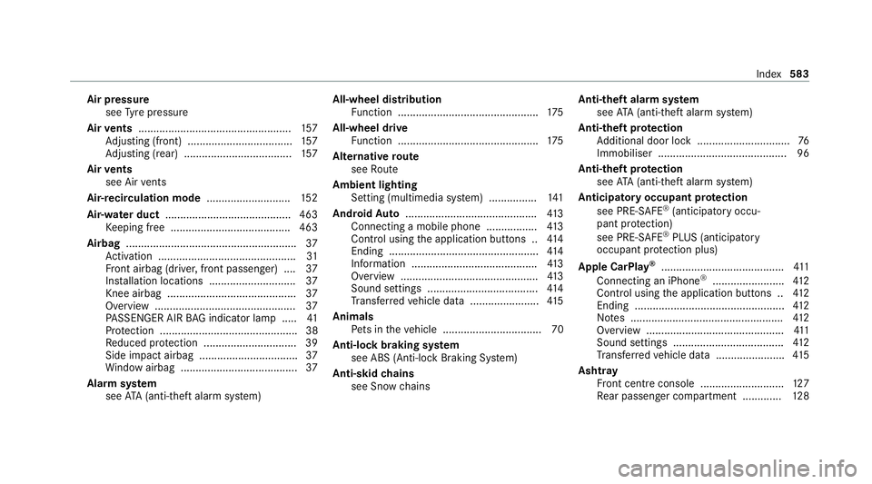 MERCEDES-BENZ EQC SUV 2019  Owners Manual Air pressu
re
see Tyre pressure
Air vents ................................................... 157
Ad justing (front) ................................... 157
Ad justing (rear) .........................