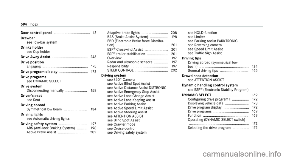 MERCEDES-BENZ EQC SUV 2019 Owners Manual Door cont
rol panel .................................... .12
Dr aw bar
see Tow- bar sy stem
Drinks holder see Cup holder
Drive Away Assist .................................... 24 3
Drive position Enga MERCEDES-BENZ EQC SUV 2019 Owners Manual Door cont
rol panel .................................... .12
Dr aw bar
see Tow- bar sy stem
Drinks holder see Cup holder
Drive Away Assist .................................... 24 3
Drive position Enga