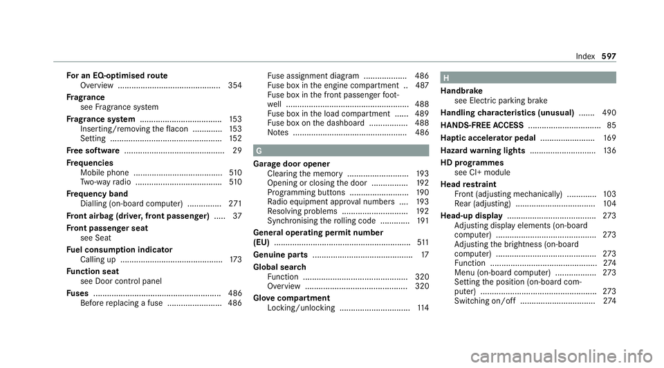 MERCEDES-BENZ EQC SUV 2019 Owners Manual Fo
r an EQ-optimised route
Overview ............................................. 354
Fr ag rance
see Fragrance sy stem
Fr ag rance sy stem .................................... 15 3
Inserting/removing MERCEDES-BENZ EQC SUV 2019 Owners Manual Fo
r an EQ-optimised route
Overview ............................................. 354
Fr ag rance
see Fragrance sy stem
Fr ag rance sy stem .................................... 15 3
Inserting/removing
