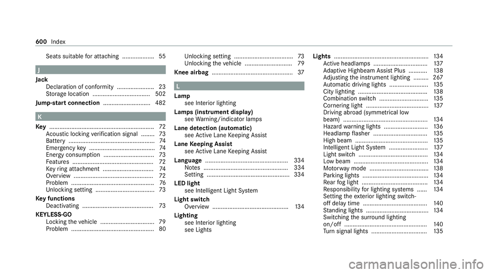 MERCEDES-BENZ EQC SUV 2019 Owners Manual Seats suitable
for attaching ................... 55 J
Jack Declaration of conformity ...................... 23
St orage location ..................................5 02
Jump-start connection .......... MERCEDES-BENZ EQC SUV 2019 Owners Manual Seats suitable
for attaching ................... 55 J
Jack Declaration of conformity ...................... 23
St orage location ..................................5 02
Jump-start connection ..........