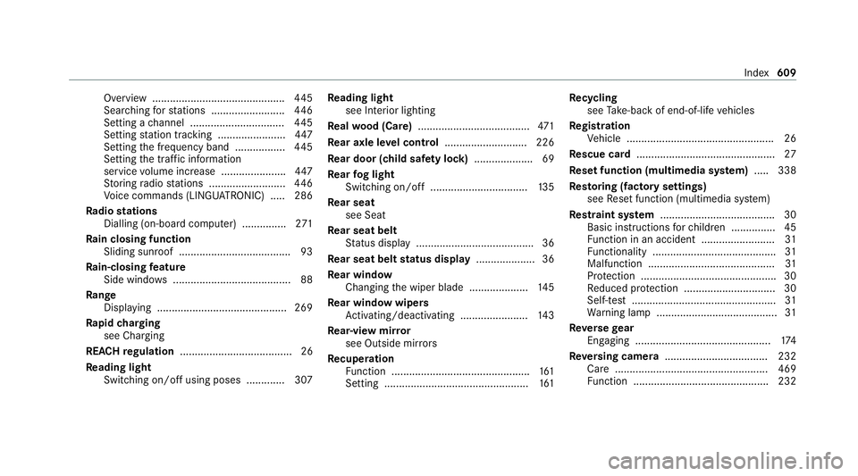 MERCEDES-BENZ EQC SUV 2019  Owners Manual Overview .............................................
445
Sea rching forst ations ........................ .446
Setting a channel ................................ 445
Setting station tracking .......