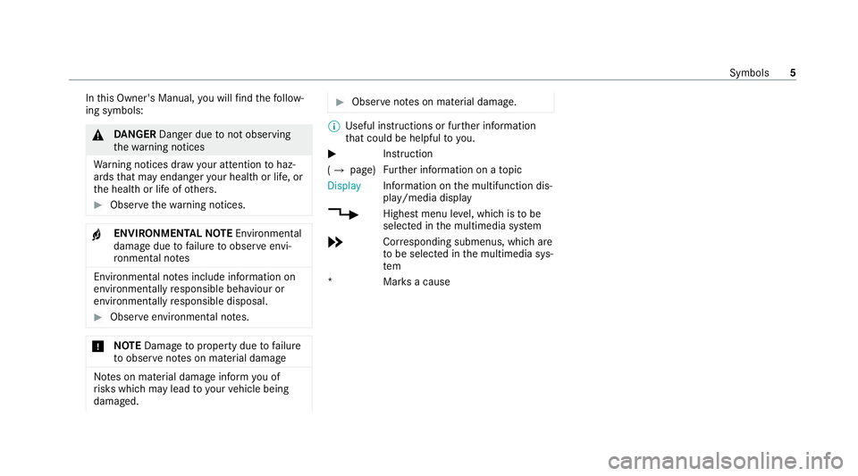 MERCEDES-BENZ EQC SUV 2019  Owners Manual In
this Owner's Manual, you will find thefo llow‐
ing symbols: &
DANG ER Dan ger due tonot observing
th ewa rning notices
Wa rning notices dr awyour attention tohaz‐
ards that may endanger you