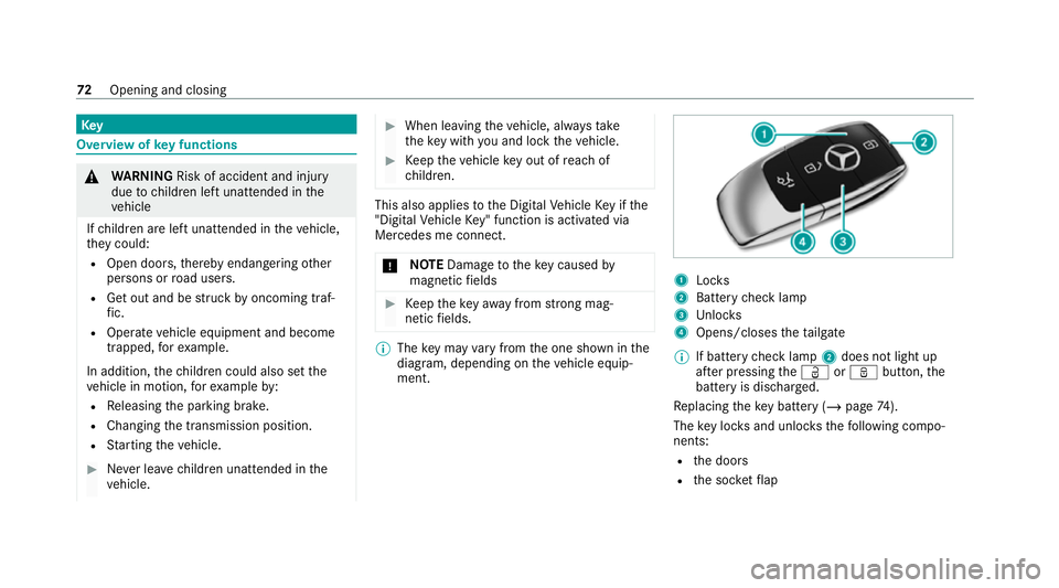 MERCEDES-BENZ EQC SUV 2019  Owners Manual Key
Overview of
key functions &
WARNING Risk of accident and inju ry
due tochildren left unat tended in the
ve hicle
If ch ildren are left unat tended in theve hicle,
th ey could:
R Open doo rs,th ere