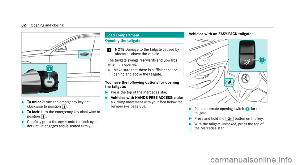 MERCEDES-BENZ EQC SUV 2019 Manual Online #
Tounlo ck:turn the emer gency key anti-
clo ckwise toposition 1. #
Tolock: turnthe emer gency key clo ckwise to
position 1. #
Carefully press the co ver onto the lock cylin‐
der until it engages a MERCEDES-BENZ EQC SUV 2019 Manual Online #
Tounlo ck:turn the emer gency key anti-
clo ckwise toposition 1. #
Tolock: turnthe emer gency key clo ckwise to
position 1. #
Carefully press the co ver onto the lock cylin‐
der until it engages a