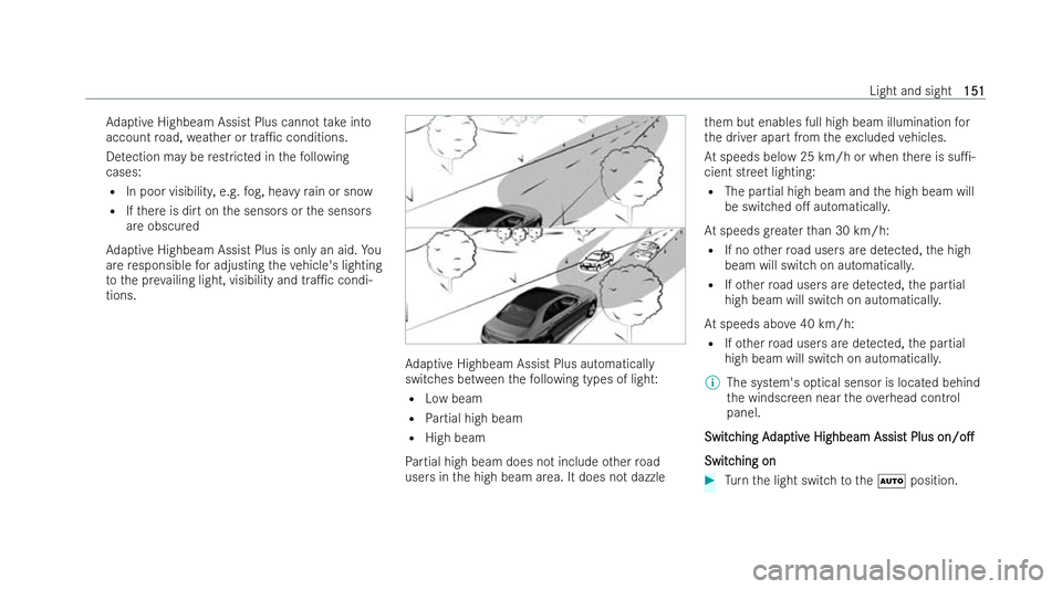 MERCEDES-BENZ EQE SALOON 2022  Owners Manual Ad
aptive Highbeam Assist Plus cann ottake into
account road, weather or tra1c conditions.
De tection may be restric ted in thefo llowing
cases:
R In poor visibility, e.g. fog, heavy rain or snow
R I