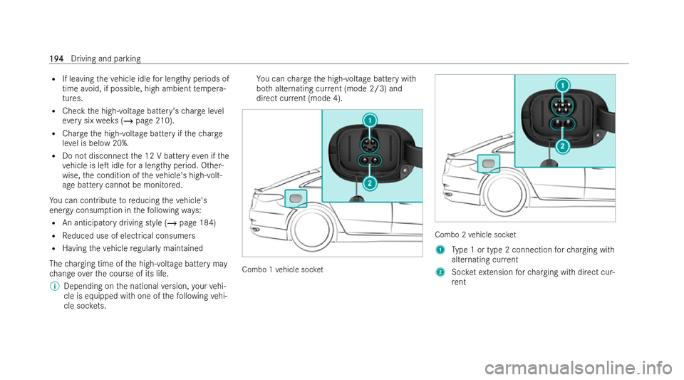 MERCEDES-BENZ EQE SALOON 2022  Owners Manual R
If leaving theve hicle idle for lengt hyperiods of
time avoid, if possible, high ambient temp era-
tures.
R Check the high-voltage battery's charge level
ev ery six weeks (/ page 210).
R Char ge