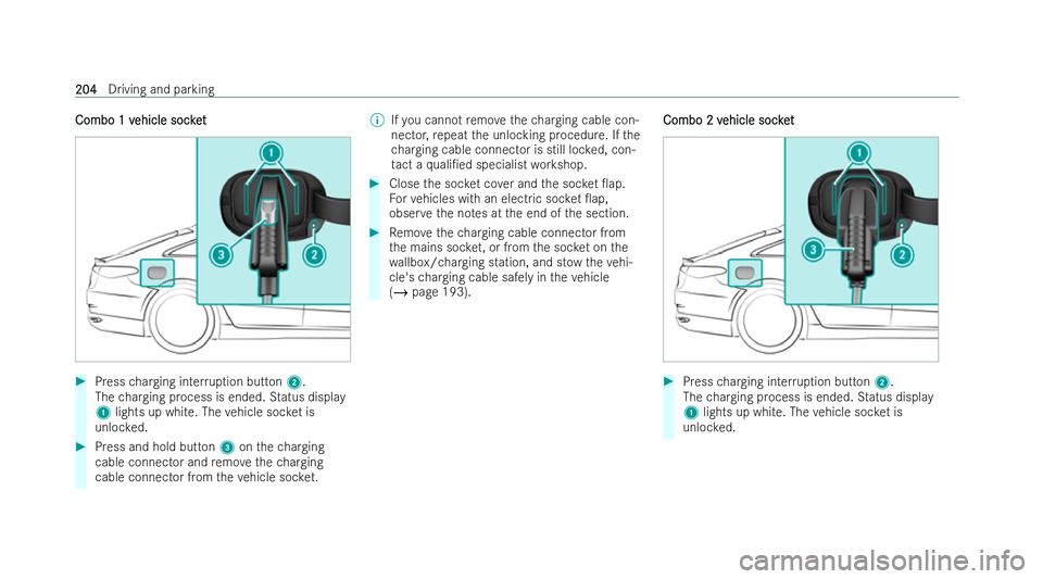 MERCEDES-BENZ EQE SALOON 2022  Owners Manual Combo 1 v
Combo 1 v
ehicle socket
ehicle soc ket #
Press charging inter ruption button 2.
The charging process is ended. Status displ ay
1 lights up white. The vehicle soc ket is
unloc ked. #
Press an