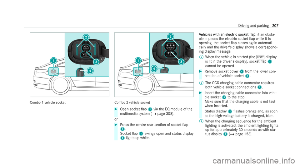 MERCEDES-BENZ EQE SALOON 2022  Owners Manual Combo 1
vehicle soc ket Combo 2
vehicle soc ket #
Open soc ket 0ap 1viathe EQ module of the
multimedia system (/ page 308).
or #
Press the centre rear section of soc ket 0ap
1.
Soc ket 0ap 1swings 