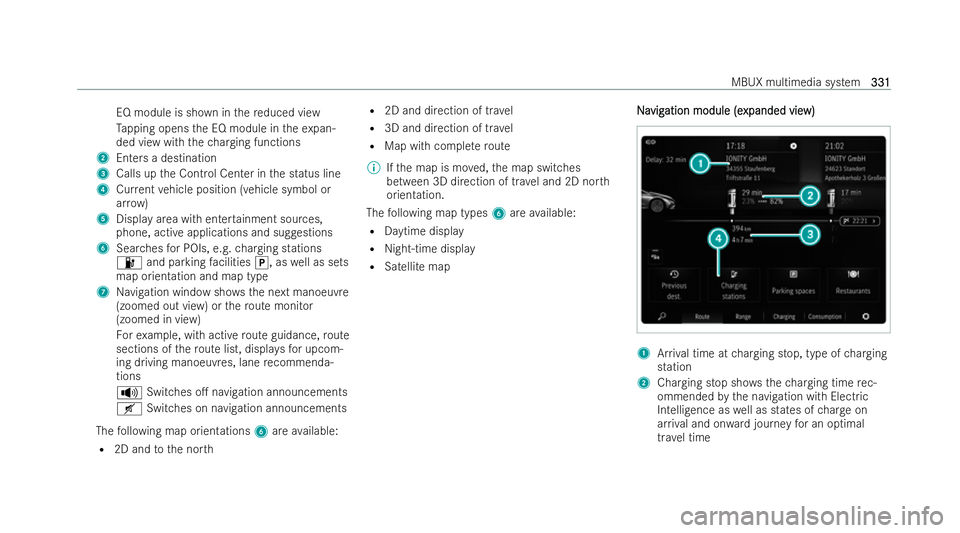 MERCEDES-BENZ EQE SALOON 2022  Owners Manual EQ module is shown in
there duced view
Ta pping opens the EQ module in theex pan-
ded view with thech arging functions
2 Enters a destination
3 Calls up the Control Center in the status line
4 Current