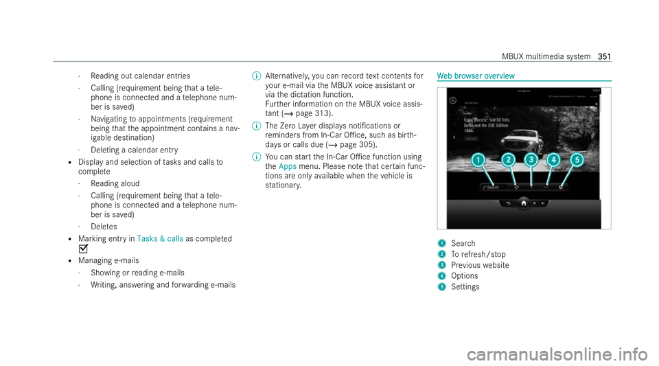 MERCEDES-BENZ EQE SALOON 2022  Owners Manual -
Reading out calendar ent ries
- Calling (requirement being that a tele-
phone is connected and a telephone num-
ber is sa ved)
- Navigating toappointments (requirement
being that the appointment con