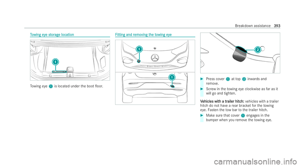 MERCEDES-BENZ EQE SALOON 2022  Owners Manual T
T
o
o wing ey
wing eye st
e st or
orag
ag e location
e location To
wing eye1 is located under the boot 0oor. F
F
itting and r
itting and r emo
emoving t
ving t heto
he towing eye
wing eye #
Press c