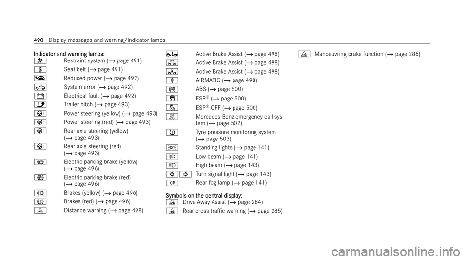 MERCEDES-BENZ EQE SALOON 2022  Owners Manual Indicat
Indicat
or and w
or and w ar
arning lam
ning lam ps:
ps:
6 Restraint system (/ page 491)
ü Seat belt (/ page 491)
_ Reduced po wer (/ page 492)
Ú System error (/ page 492)
# Electricalfault 