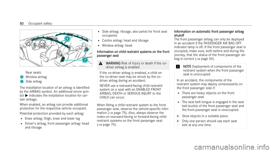 MERCEDES-BENZ EQE SALOON 2022 Workshop Manual Re
ar seats:
4 Window airbag
7 Side airbag
The installation location of an airbag is identi/ed
by the AIRB AGsymbol. An additional ar row sym-
bol Mindicates the installation location for cer-
ta in 