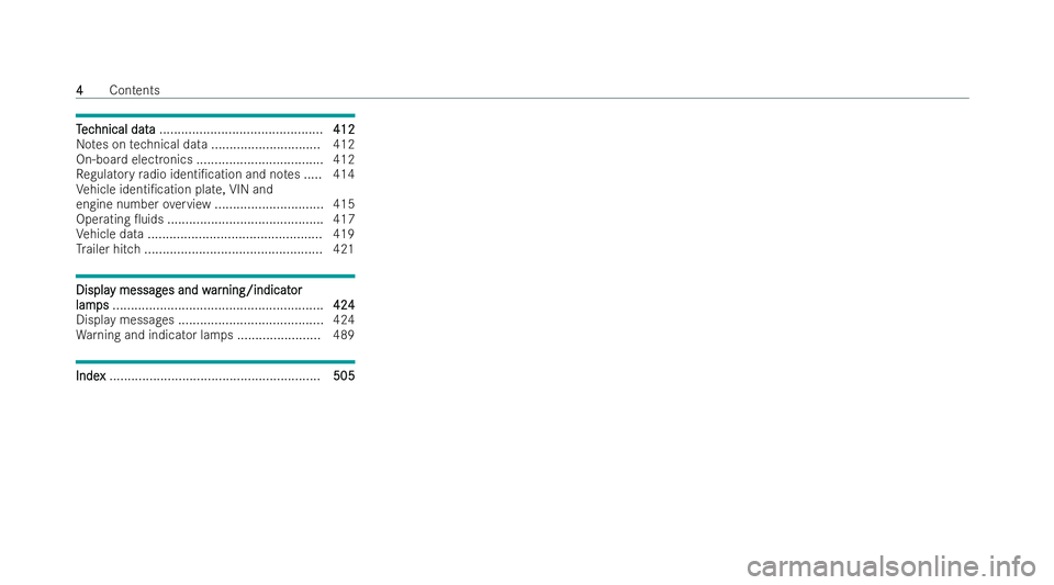 MERCEDES-BENZ EQE SALOON 2022  Owners Manual T
T
ec
ec hnical dat
hnical dat a
a............................................. 412 412
No tes on tech nical data .............................. 412
On-board electronics .............................