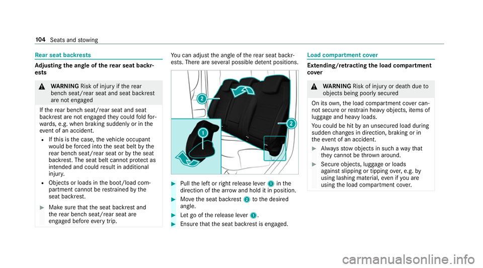 MERCEDES-BENZ G-CLASS SUV 2018 Owners Manual Re
ar seat backrests Ad
justing the angle of the rear seat backr‐
ests &
WARNING Risk of inju ryifth ere ar
ben chseat/rear seat and seat backrest
are not engaged
If th ere ar ben chseat/rear seat a MERCEDES-BENZ G-CLASS SUV 2018 Owners Manual Re
ar seat backrests Ad
justing the angle of the rear seat backr‐
ests &
WARNING Risk of inju ryifth ere ar
ben chseat/rear seat and seat backrest
are not engaged
If th ere ar ben chseat/rear seat a