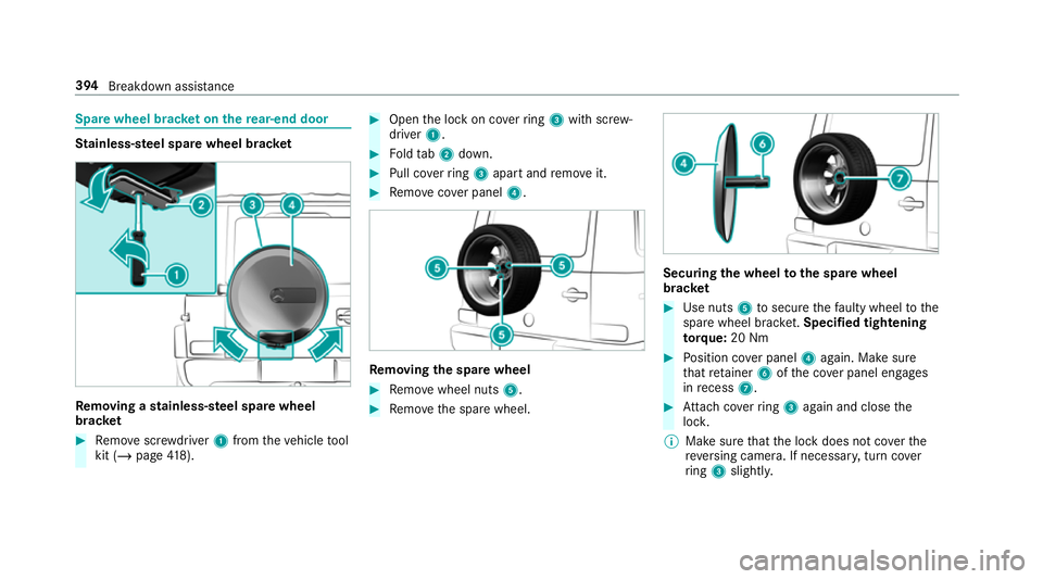 MERCEDES-BENZ G-CLASS SUV 2018 Owners Manual Spare wheel brac
ket on the rear-end door St
ainless-s teel spa rewheel brac ket Re
moving a stainless-s teel spa rewheel
brac ket #
Remo vescr ewdriver 1from theve hicle tool
kit (/ page418). #
Open MERCEDES-BENZ G-CLASS SUV 2018 Owners Manual Spare wheel brac
ket on the rear-end door St
ainless-s teel spa rewheel brac ket Re
moving a stainless-s teel spa rewheel
brac ket #
Remo vescr ewdriver 1from theve hicle tool
kit (/ page418). #
Open