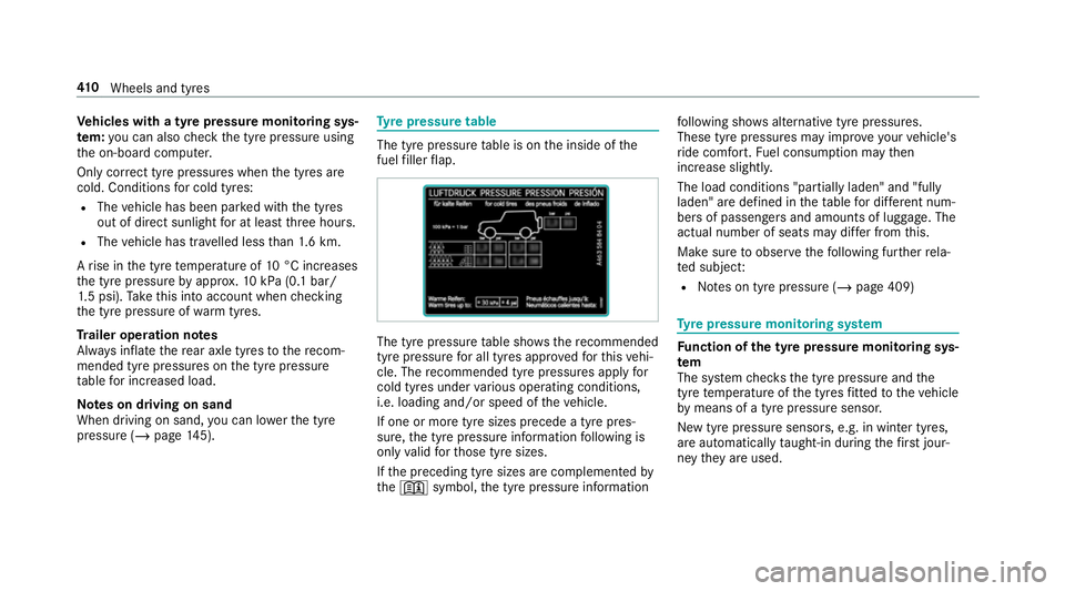 MERCEDES-BENZ G-CLASS SUV 2018 Owners Manual Ve
hicles with a tyre pressure monitoring sys‐
te m: you can also check the tyre pressure using
th e on-board computer.
Only cor rect tyre pressures when the tyres are
cold. Conditions for cold tyre MERCEDES-BENZ G-CLASS SUV 2018 Owners Manual Ve
hicles with a tyre pressure monitoring sys‐
te m: you can also check the tyre pressure using
th e on-board computer.
Only cor rect tyre pressures when the tyres are
cold. Conditions for cold tyre