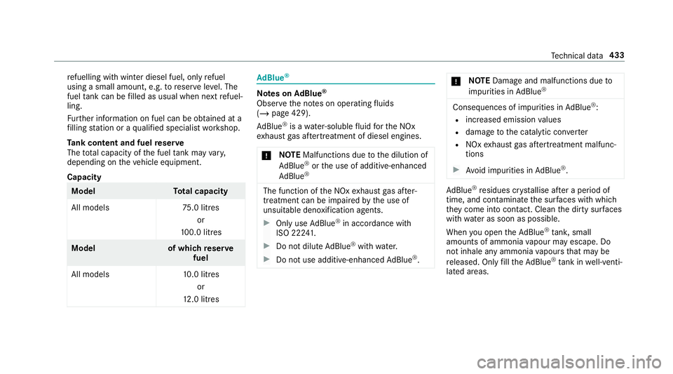 MERCEDES-BENZ G-CLASS SUV 2018 Owners Manual re
fuelling with winter diesel fuel, only refuel
using a small amount, e.g. toreser veleve l. The
fuel tank can be filled as usual when next refuel‐
ling.
Fu rther information on fuel can be obtaine MERCEDES-BENZ G-CLASS SUV 2018 Owners Manual re
fuelling with winter diesel fuel, only refuel
using a small amount, e.g. toreser veleve l. The
fuel tank can be filled as usual when next refuel‐
ling.
Fu rther information on fuel can be obtaine