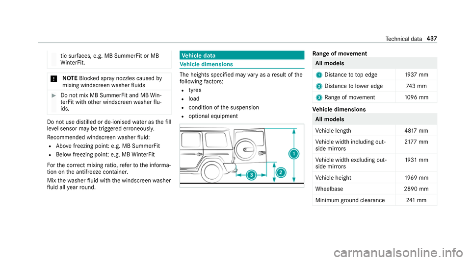 MERCEDES-BENZ G-CLASS SUV 2018 Owners Manual tic su
rfaces, e.g. MB SummerFit or MB
Wi nterFit. *
NO
TEBlocked spr aynozzles caused by
mixing windscreen washer fluids #
Do not mix MB SummerFit and MB Win‐
te rFit with other windscreen washer f MERCEDES-BENZ G-CLASS SUV 2018 Owners Manual tic su
rfaces, e.g. MB SummerFit or MB
Wi nterFit. *
NO
TEBlocked spr aynozzles caused by
mixing windscreen washer fluids #
Do not mix MB SummerFit and MB Win‐
te rFit with other windscreen washer f