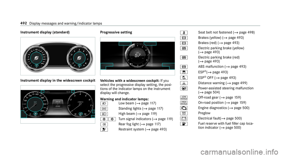 MERCEDES-BENZ G-CLASS SUV 2018  Owners Manual Instrument display (standard)
Instrument display in
the widescreen cockpit Prog
ressive setting Ve
hicles with a widescreen cock pit:Ifyou
select the progressive display setting, the posi‐
tions of 