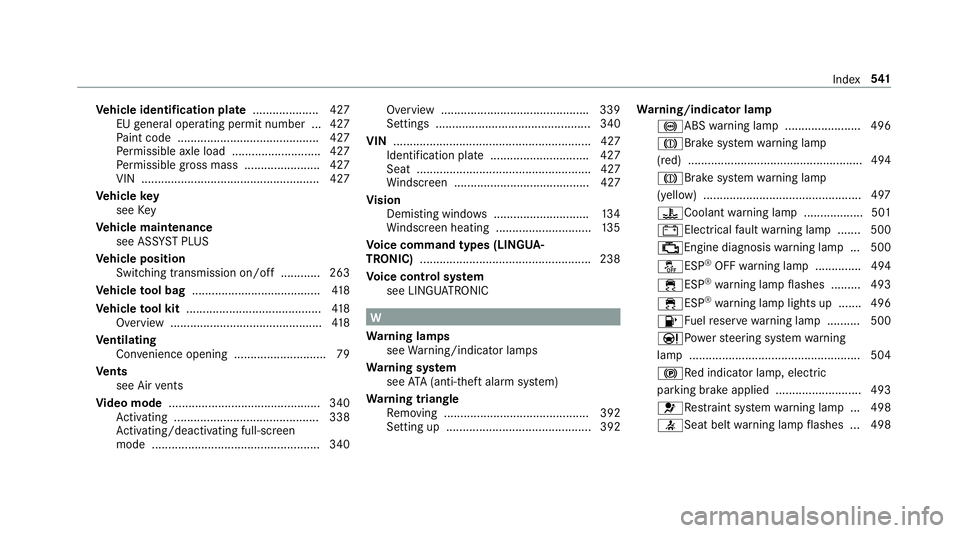 MERCEDES-BENZ G-CLASS SUV 2018  Owners Manual Ve
hicle identification plate .................... 427
EU general operating pe rmit number .. .427
Pa int code .......................................... .427
Pe rm issible axle load .................