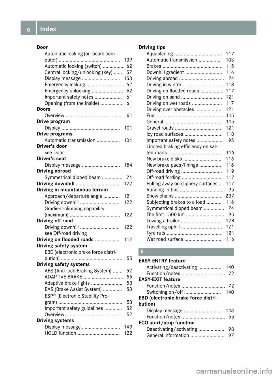MERCEDES-BENZ G-CLASS SUV 2016 User Guide Door
Automati clocking (on-boar dcom-
puter) ............................................ .139
Automatic locking (switch) .............. .62
Central locking/unlocking (key) ...... 57
Display message . MERCEDES-BENZ G-CLASS SUV 2016 User Guide Door
Automati clocking (on-boar dcom-
puter) ............................................ .139
Automatic locking (switch) .............. .62
Central locking/unlocking (key) ...... 57
Display message .