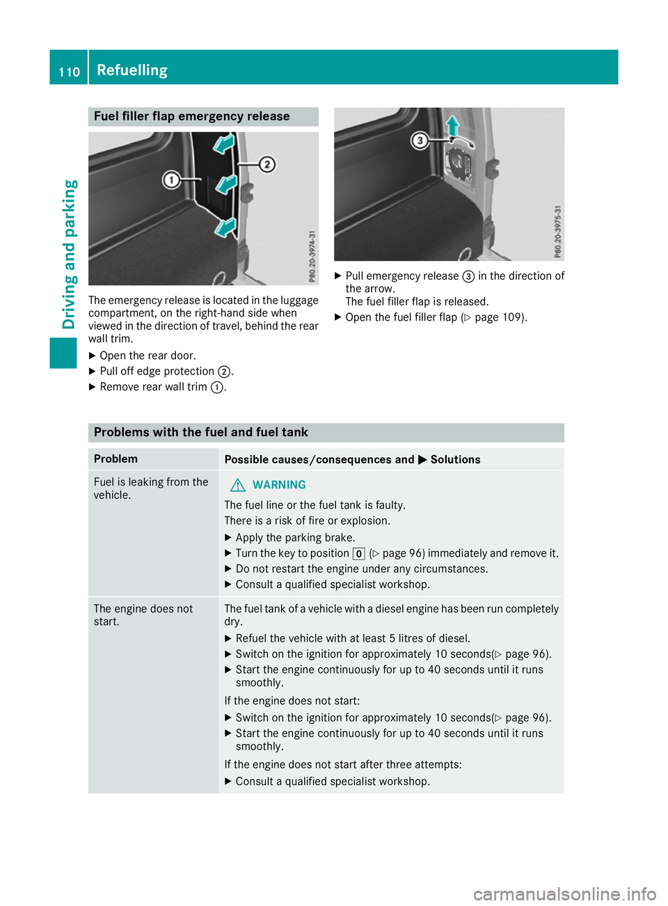 MERCEDES-BENZ G-CLASS SUV 2016  Owners Manual Fuel filler fla
pemergency release The emergenc
yrelease is located in the luggage
compartment,ont he right-hand side when
viewed in the direction of travel, behind the rear
wall trim.
X Open the rear