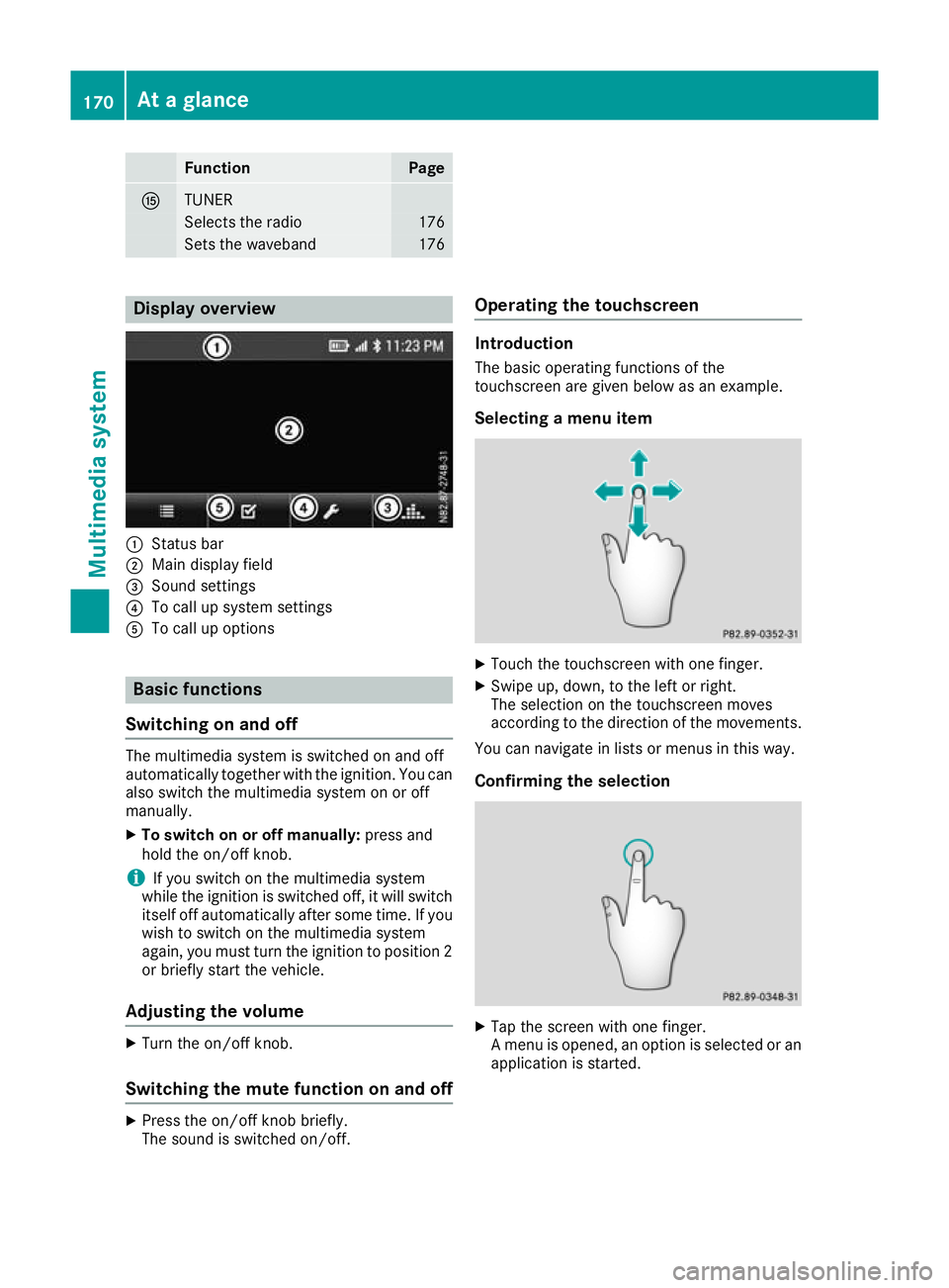 MERCEDES-BENZ G-CLASS SUV 2016  Owners Manual Function Page
K
TUNER
Selects th
eradio 176
Sets the waveband 176
Display overview
:
Statu sbar
; Main display field
= Sound settings
? To cal lupsystem settings
A To cal lupoptions Basi
cfunctions
Sw