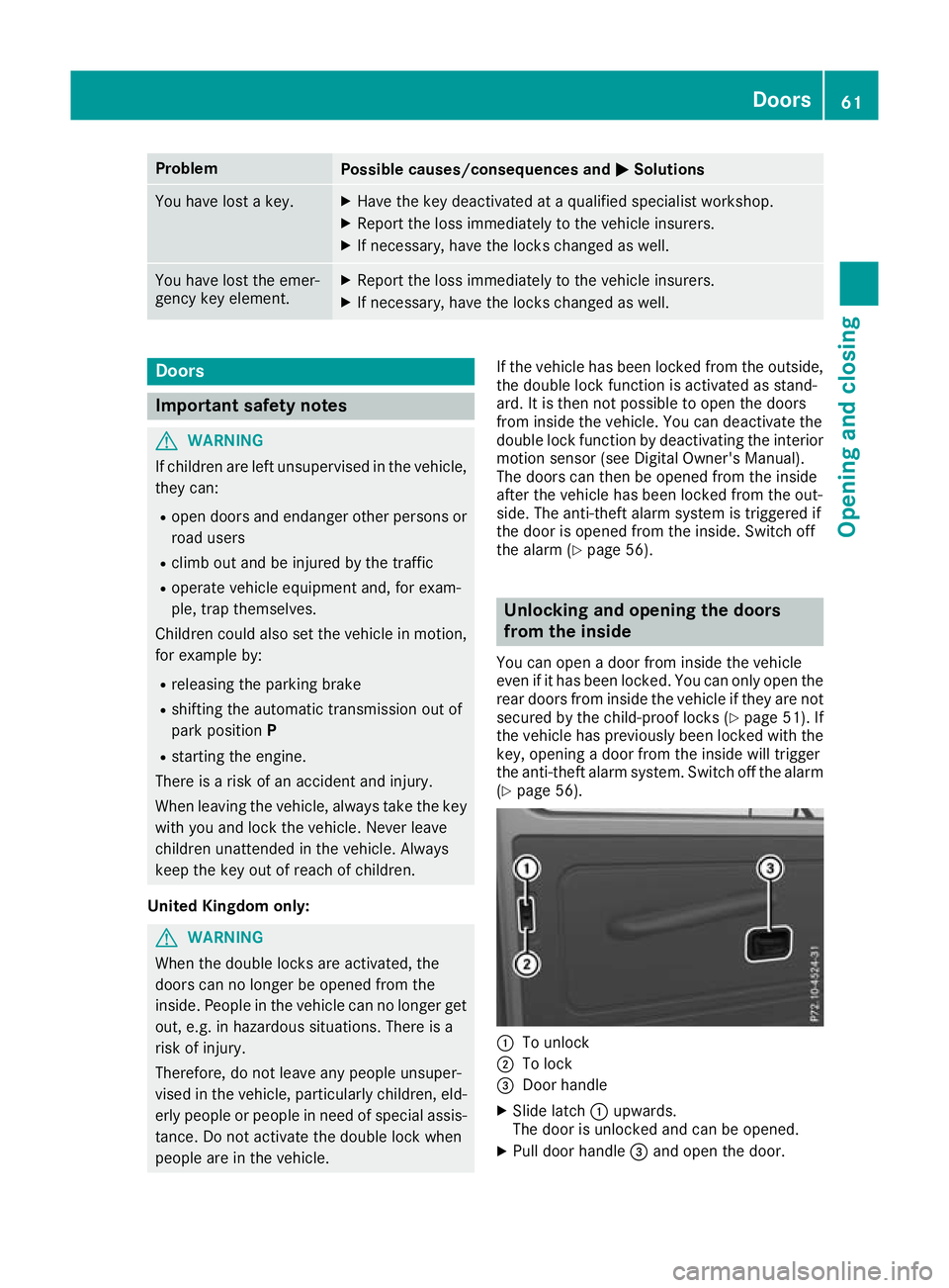 MERCEDES-BENZ G-CLASS SUV 2016 Repair Manual Problem
Possible causes/consequences and
M
MSolutions You have lost
akey. X
Have th ekey deactivated at aqualifie dspecialist workshop.
X Report the los simmediately to the vehicle insurers.
X If nece