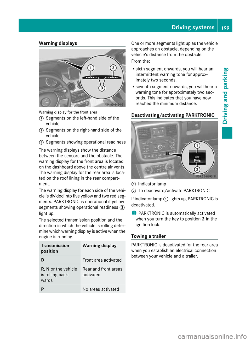MERCEDES-BENZ G-CLASS SUV 2012  Owners Manual Warning displays
Warning display for the front area
:
Segments on the left-hand side of the
vehicle
; Segments on the right-hand side of the
vehicle
= Segments showing operational readiness
The warnin